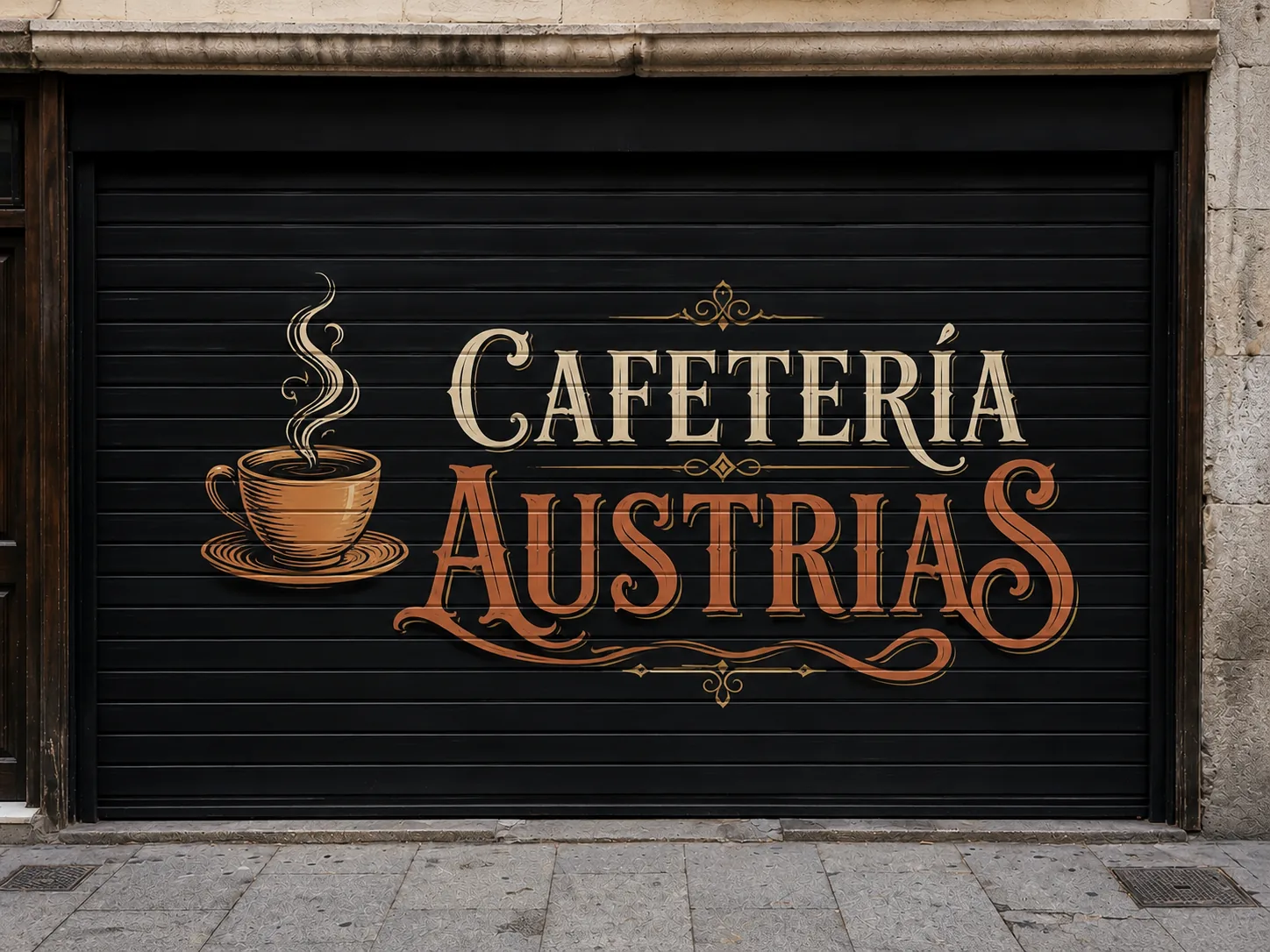 Rotulación de fachada pintada a mano para Cafetería Austrias en Valencia