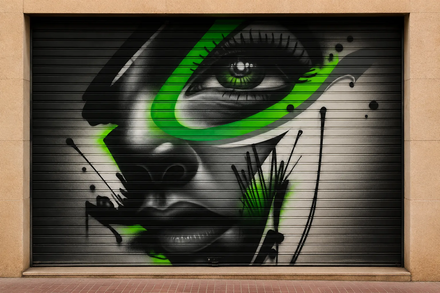 Mural profesional realista cubriendo una persiana en Valencia